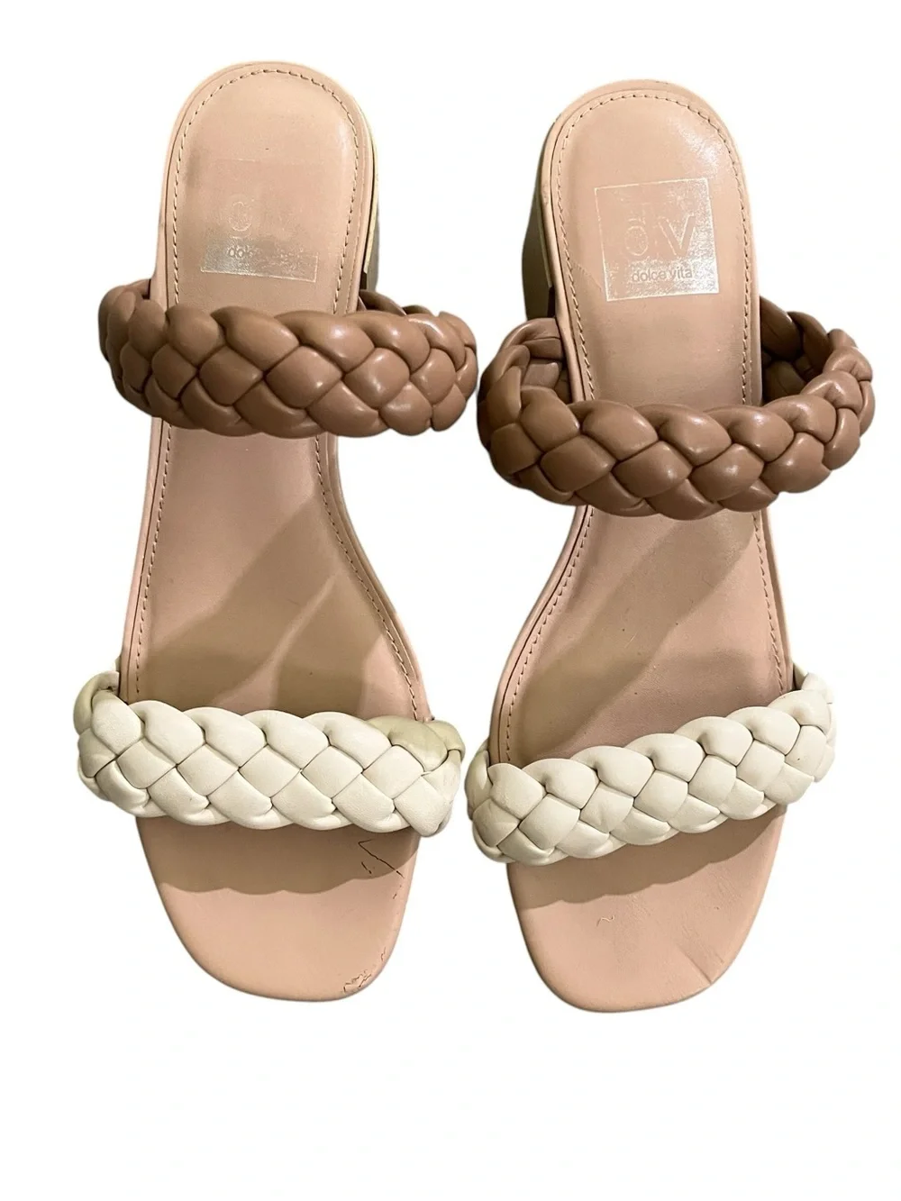 Dolce Vita Susie Heeled Braided Strap Block Heel Sandals - Beige & Brown Sz 8